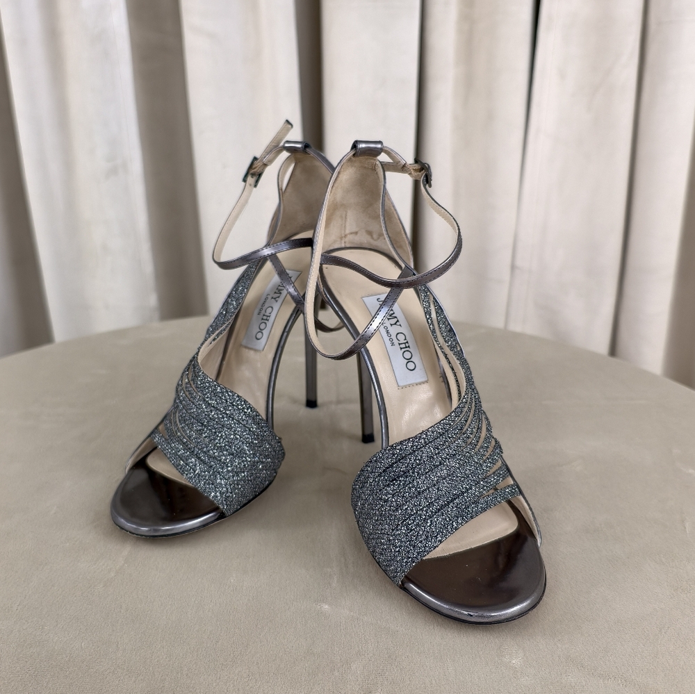 Jimmy Choo Glittering Metallic Silver Open-Toe Heels - Picture 1 of 8